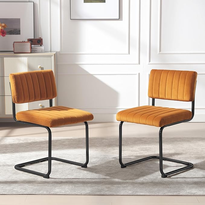ONEVOG Velvet Dining Chairs Set of 4, Upholstered Kitchen Dining Room Chairs with Striped Open Back, Comfy Orange Chair Armless, Dinner Chair for Party, Black Chrome Metal Legs