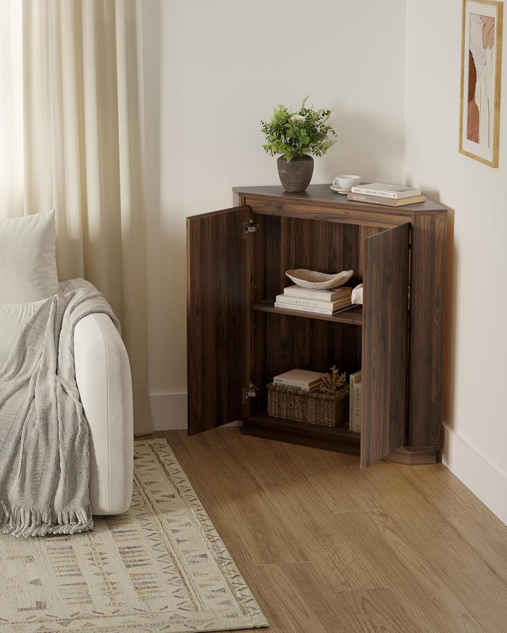 Corner Storage Cabinet, Small Corner Floor Cabinet with 2 Doors and 2-Tier Sh...