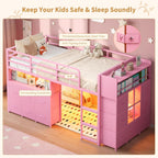 Low Loft Bed Twin Size with 13 Storage Drawers & Bookshelf, Twin Loft Bed with RGB LED Lights & Power Outlets, Metal Loft Bed with Safety Guardrail & Under-Bed Play Space, Pink