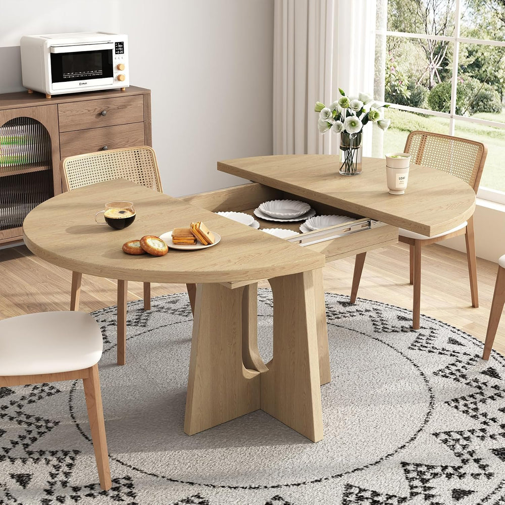 Epecoya 59-Inch Extendable Round Dining Table for Dining Room, Light Oak | 4-...