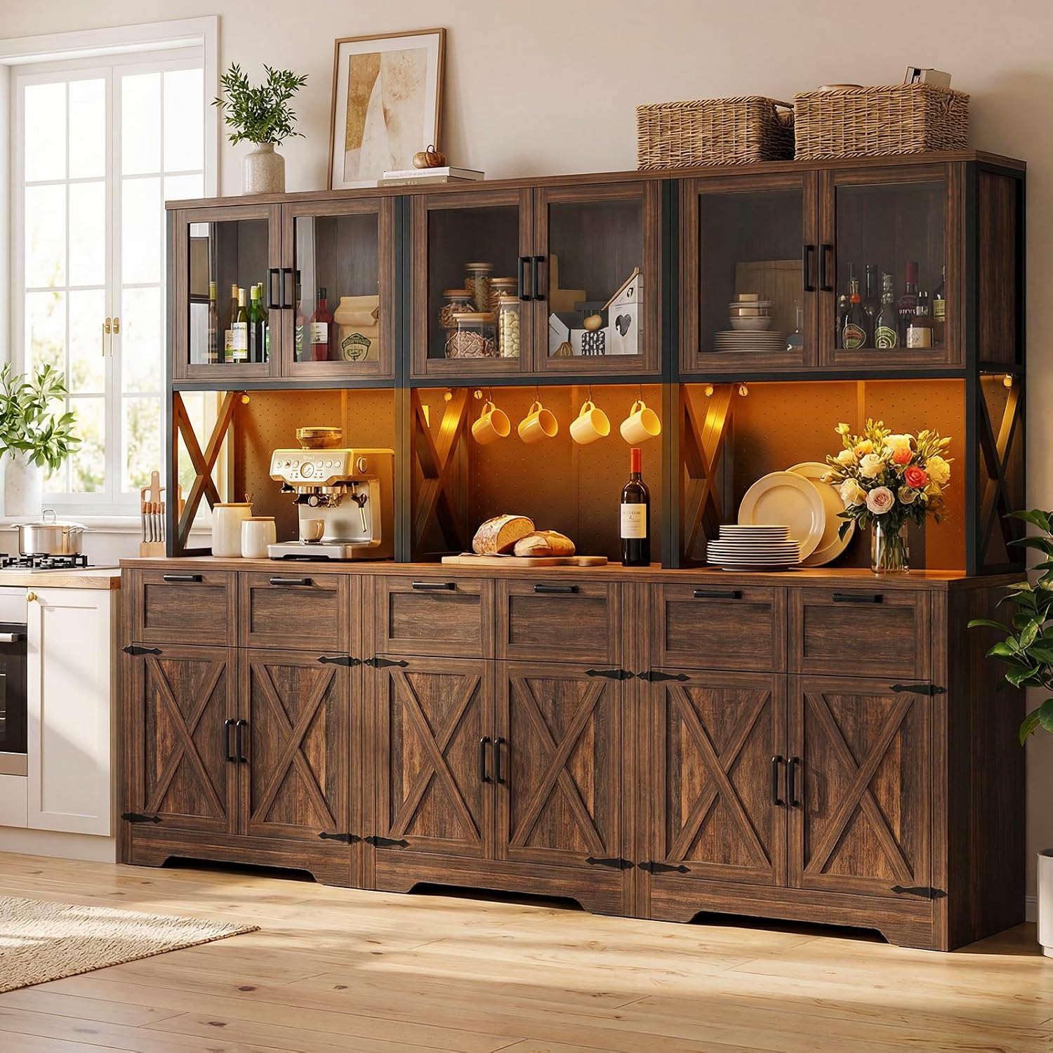 Unikito 94.5" Wide Kitchen Pantry Cabinet with 3 Power Outlets & LED Light, 71" Tall Large Kitchen Hutch with Countertop, DIY Pegboard with 18 Hooks & 6 Drawers, Farmhouse Food Pantry, Weathered Brown