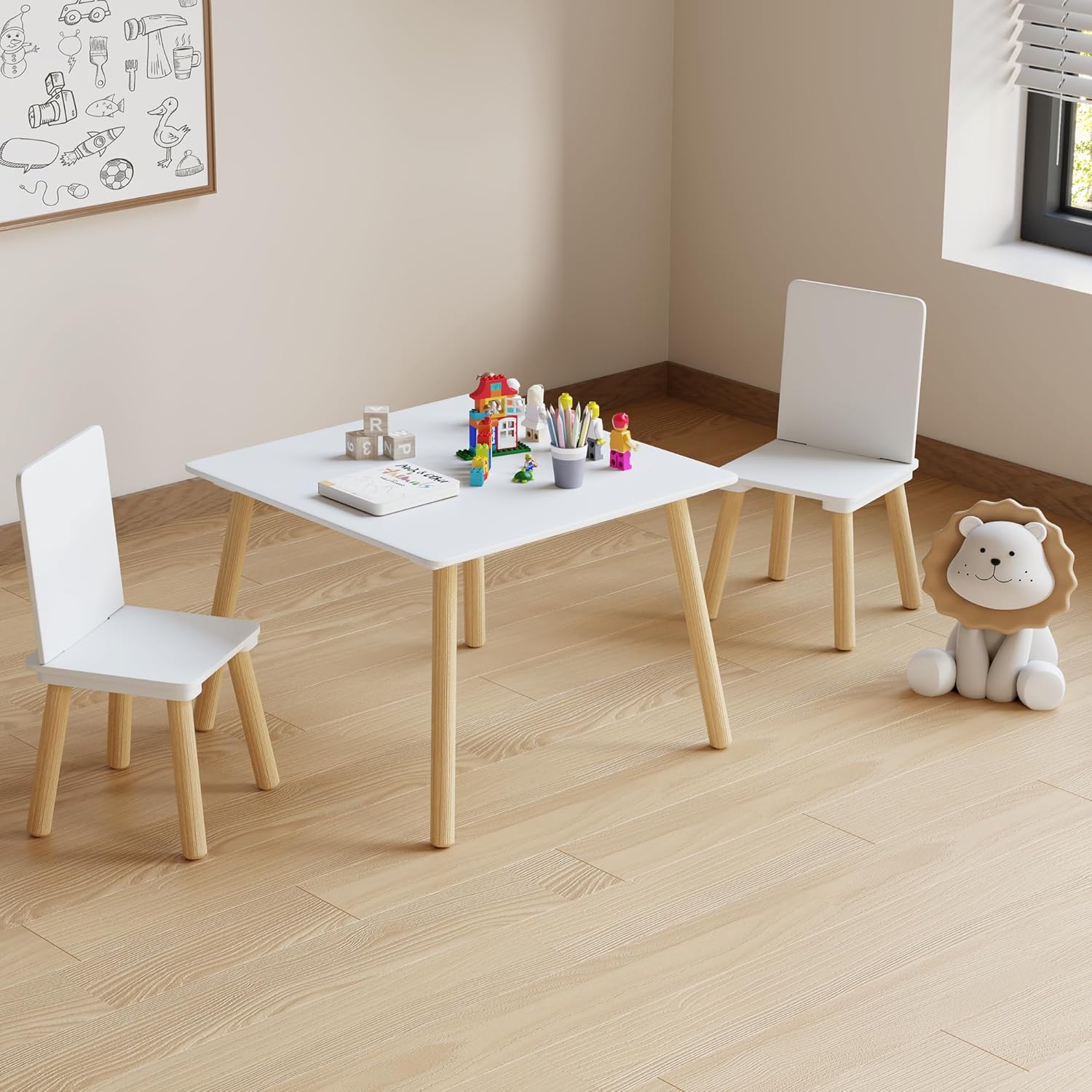 Kids Table and 2 Chairs Set, 3 Pieces Toddler Table and Chair Set, Kids' Table & Chair Sets, Kid Play Table for Daycare, Classroom, Home (White)