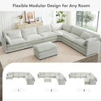 ROWHY 150'' Modular Sectional Corner Cloud Couch, 7 Seater Sofa Big Comfy Corduroy V Shaped Couch with 4 Throw Pillows, Movable Ottoman, Couches for Living Room Office Light Grey