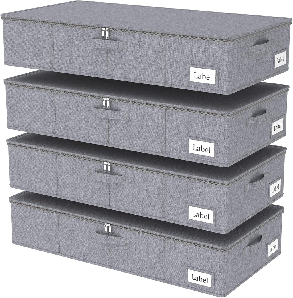 Yawinhe Foldable Underbed Storage Bags, Containers Bin with Lids, Large Under Bed Organizer Box, with Sturdy Zipper und Label Holders, for Clothing, 31.5''Lx15.7''Wx6''H, 4 Pack, Grey