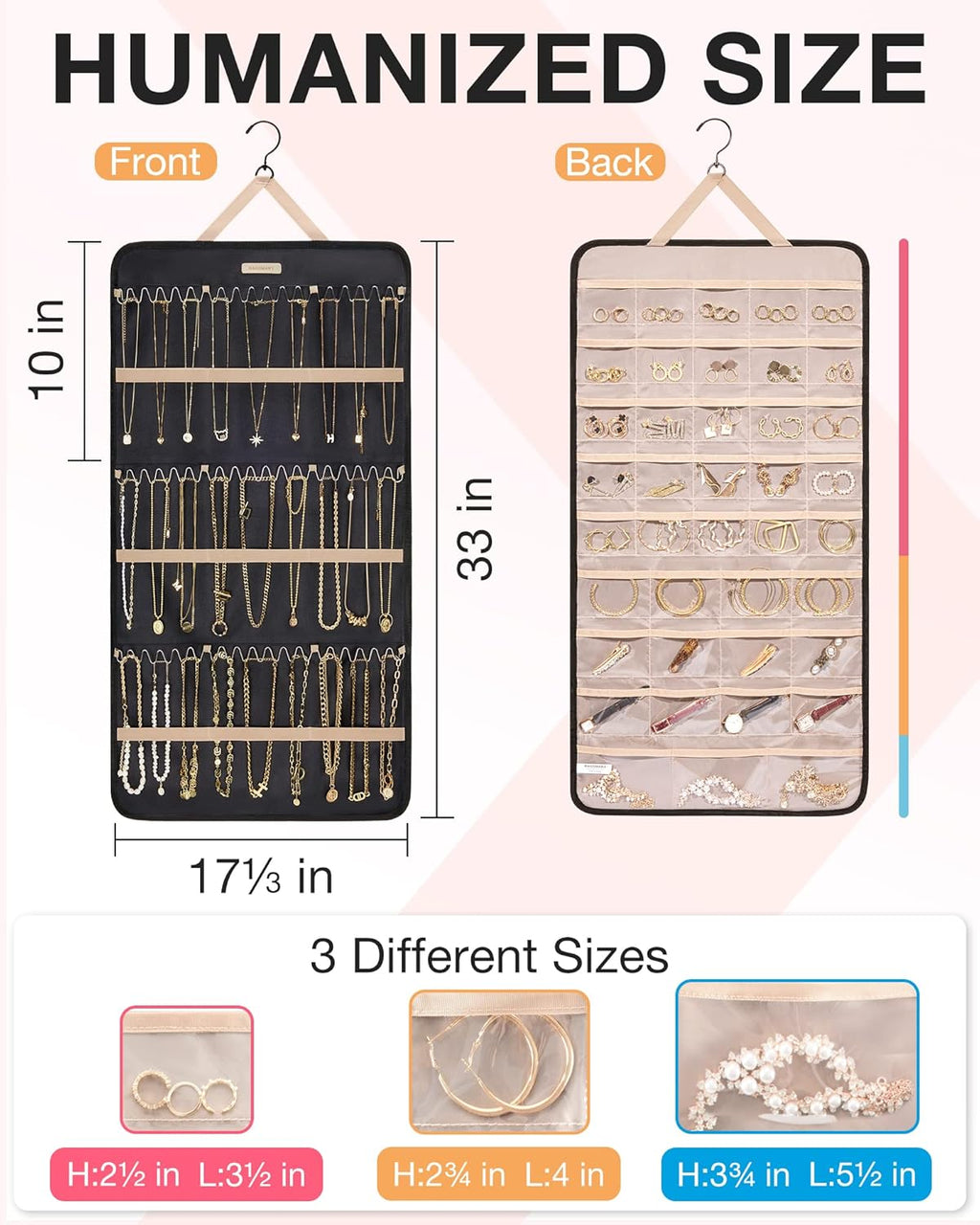 BAGSMART Hanging Jewelry Organizer Storage Roll with Hanger Metal Hooks Double-Sided Jewelry Holder for Earrings, Necklaces, Rings on Closet, Wall, Door, 1 piece, Extra Large, Black