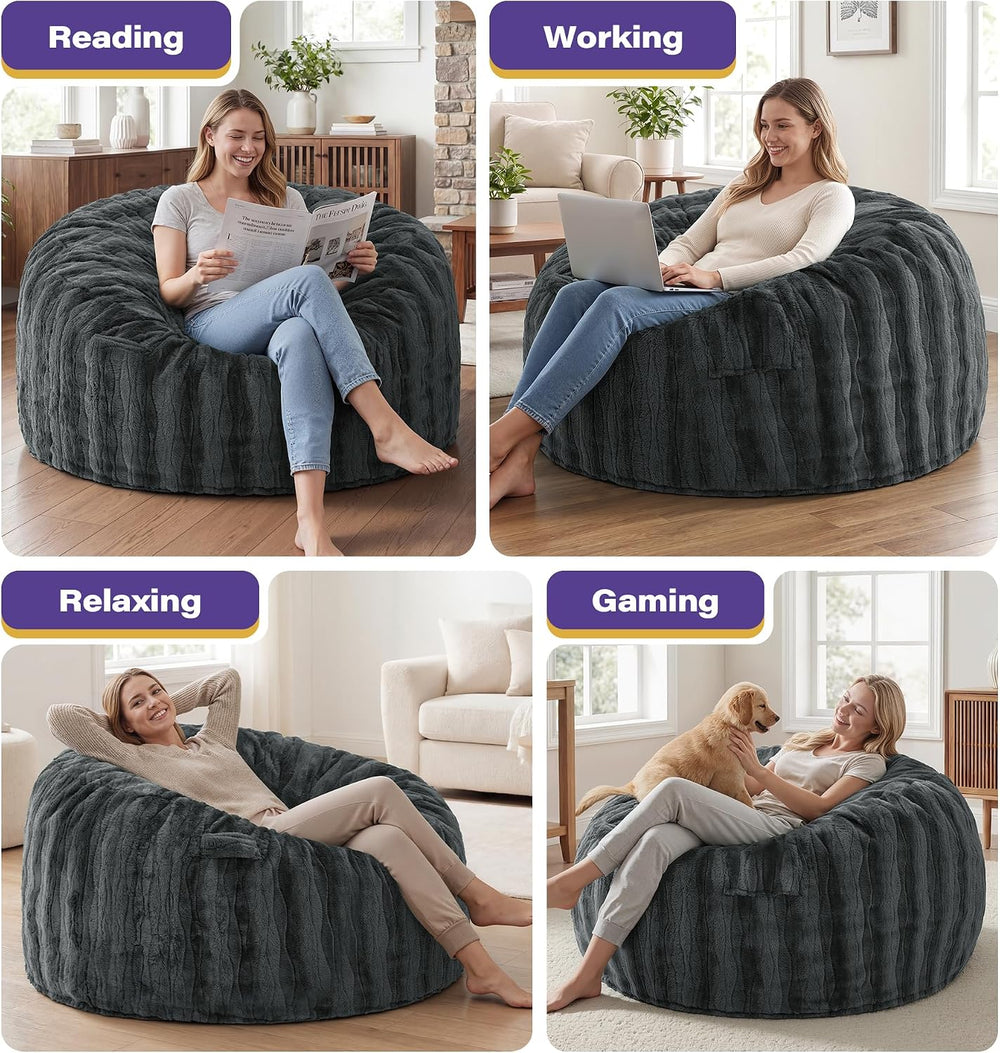 fond + found Adult Bean Bag Chairs 4FT Large Lounger, Wave Cover, Grey | Port...