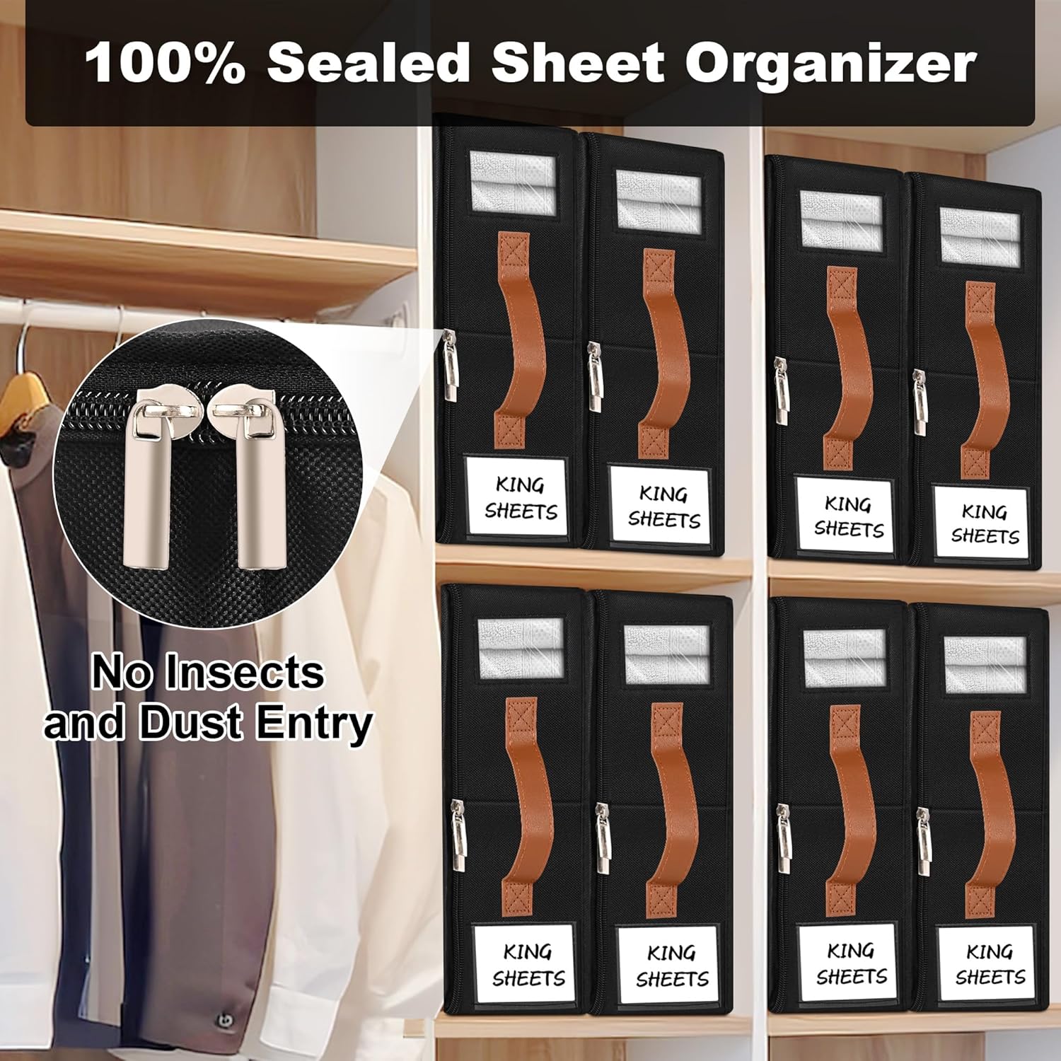 6pack Bed Sheet Organizer, Foldable Linen Closet Organizers and Storage with Sealed Design, Queen & King Size Sheet Storage with Window, Closet Organizer for Bedsheets/Blankets/Clothes, Black