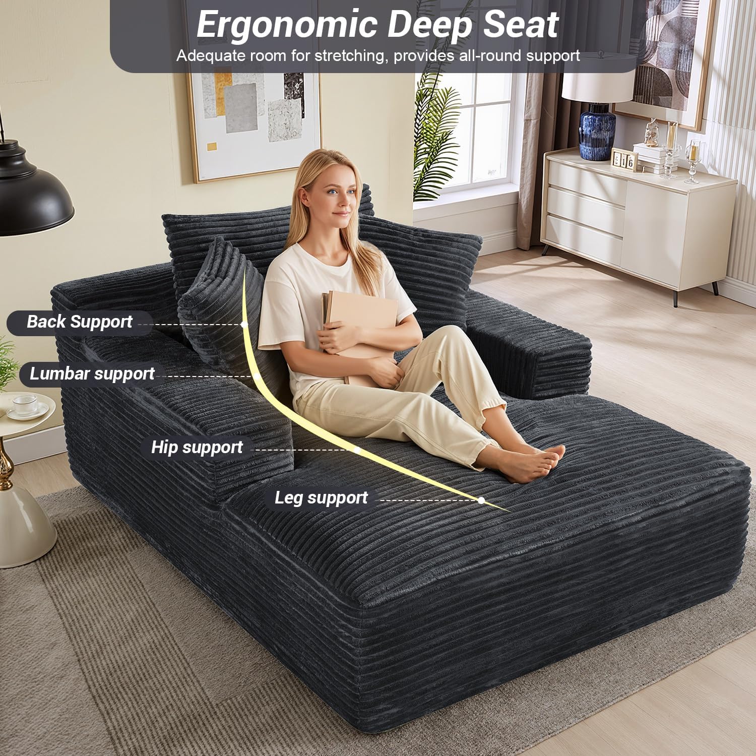 50" x 68" Corduroy Chaise Lounge, Boneless Sofa Bed, Dark Gray | Oversized corduroy chaise with a deep boneless seat, sleeper design, and 3 pillows for reading, lounging.