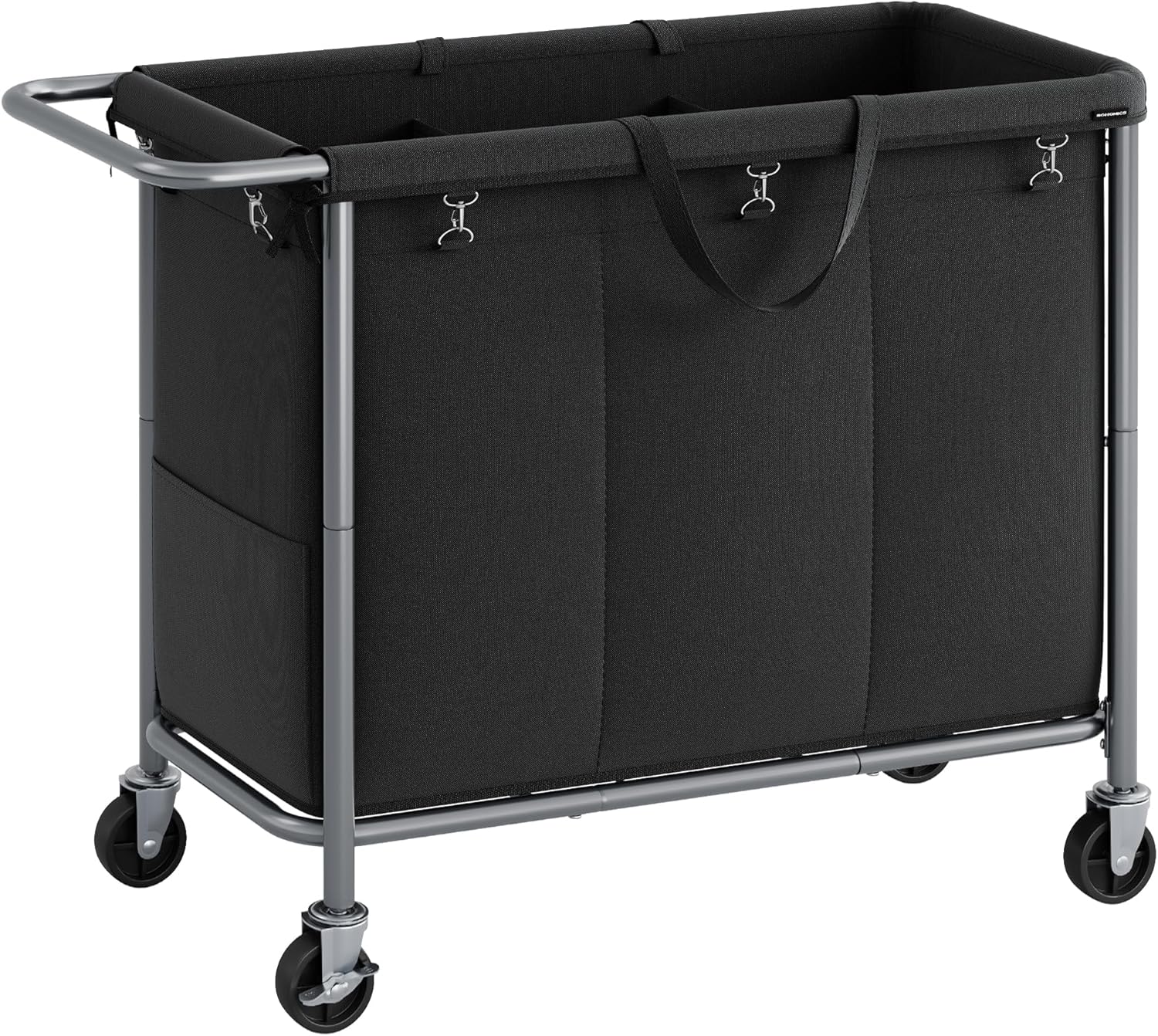 SONGMICS Laundry Basket with Wheels, 3-Section Rolling Laundry Hamper, 52.8 Gallons (200 L), Removable Liner, Steel Frame with Handle, 35.8 x 15.4 x 31.9 Inches, Ink Black URLS005B01