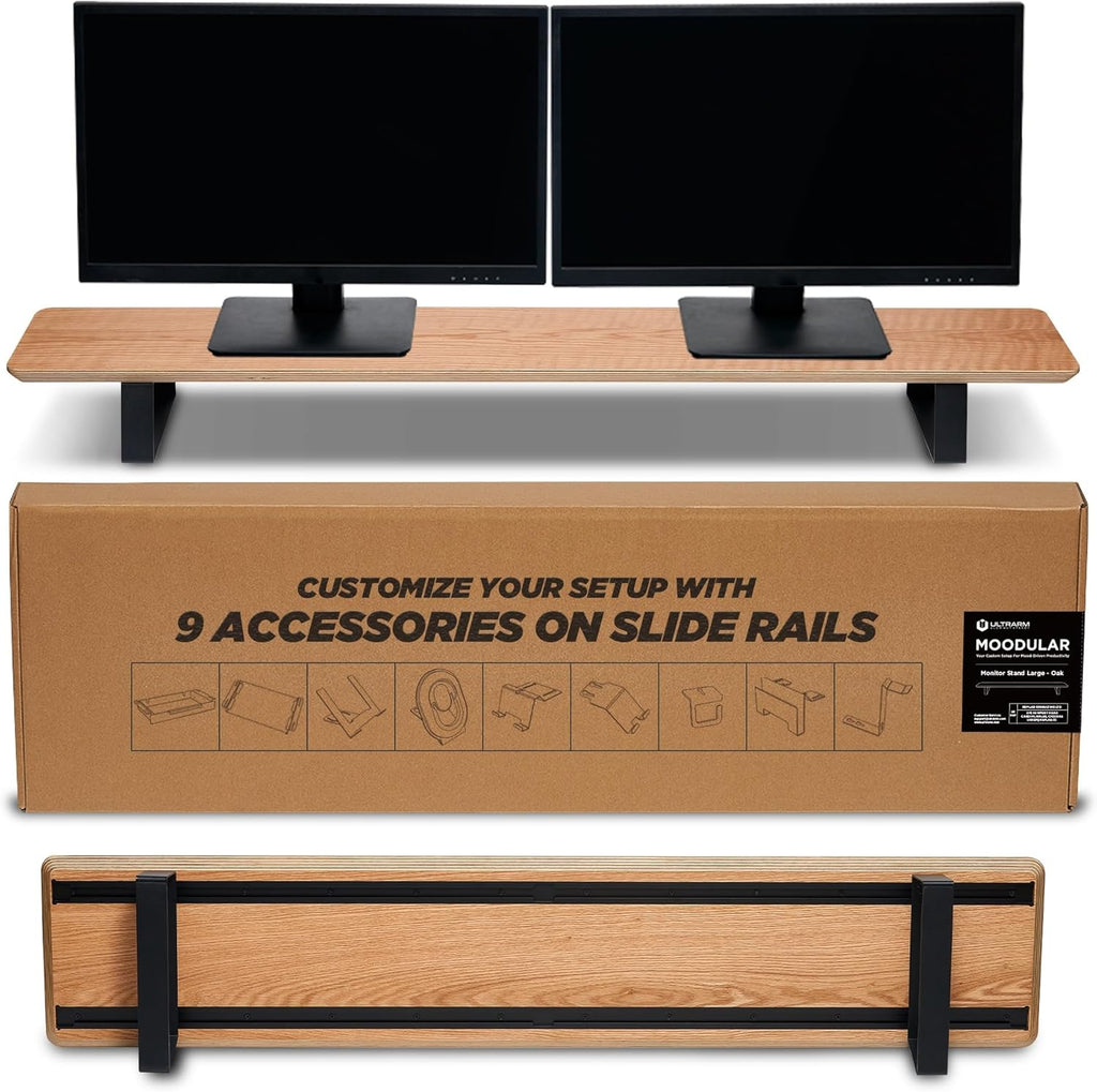 Moodular Wooden Monitor Stand 45.6” (116cm) Large Desk Organizer with Metal Slide Rails for Drawer, Tray, Laptop, Tablet, Phone & Headphones Customizable Riser for Organized Workspace Oak