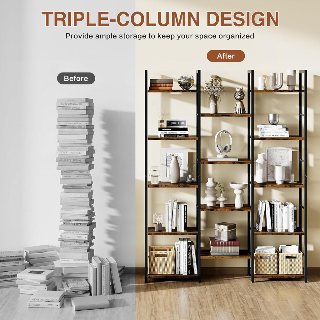 Shintenchi Triple Column 5 Tier Bookshelf, Industrial Large Bookcase Display Shelves, Large Etagere Bookshelf,Wide Book Shelf Book Case for Home & Office, Rustic Brown