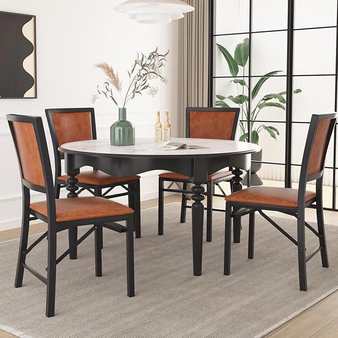 VECELO Folding Chairs Set of 4 with Cushion, Foldable Padded Seats with Heavy Duty Metal Frame for Kitchen/Dining/Living Room, No Assembly & Space Saving Design, Chestnut Brown