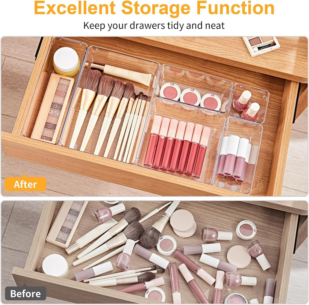 SMARTAKE 13-Piece Drawer Organizers with Non-Slip Silicone Pads, 5-Size | Clear Desk Bathroom Drawer Organizer Trays Storage Tray for Makeup, Jewelry, Utensils in Bedroom Dresser, Office and Kitchen