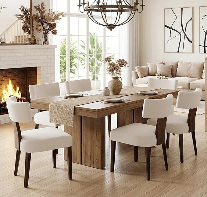 Mid Century Modern Dining Chairs Set of 6, Upholstered Wooden Dining Room Chairs, Farmhouse Kitchen Chairs, Accent Armless Side Chairs with Curved Back for Living Room, Cream Velvet, 6PCS