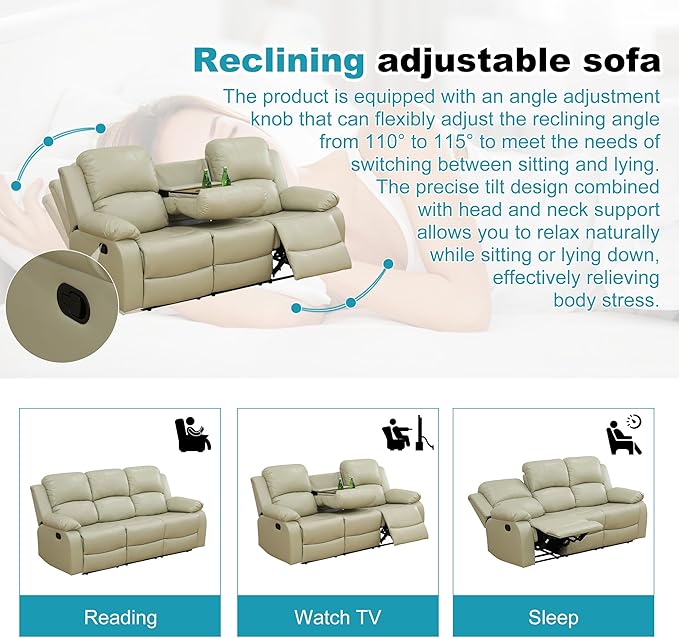 Recliner Sofa Set Couches for Living Room Chair Recycled Leather Fabric Living Room Furniture Sets, Adjusted Loveseat Reclining Couch Furniture Sofa Set for Theater Seating, 3-Seater, Beige