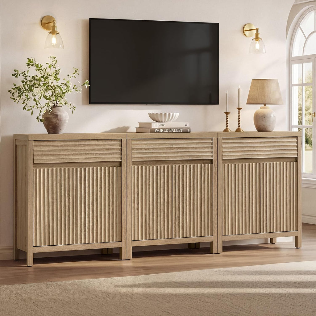 SICOTAS 29" Fluted Buffet Cabinet with Drawer, Modern Storage Cabinet | Elegant Fluted Design, Handle-Free, Adjustable Shelf, 1.38" Thick Panels, Living Room, Kitchen & Entryway, 1 PCS, Light Oak