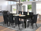 East West Furniture LGDA9-BLK-12 9 Piece Dining Table Set Consists of a Rectangle Kitchen Table with Butterfly Leaf and 8 Polyester Fabric Parson Chairs, 42x84 Inch, Black