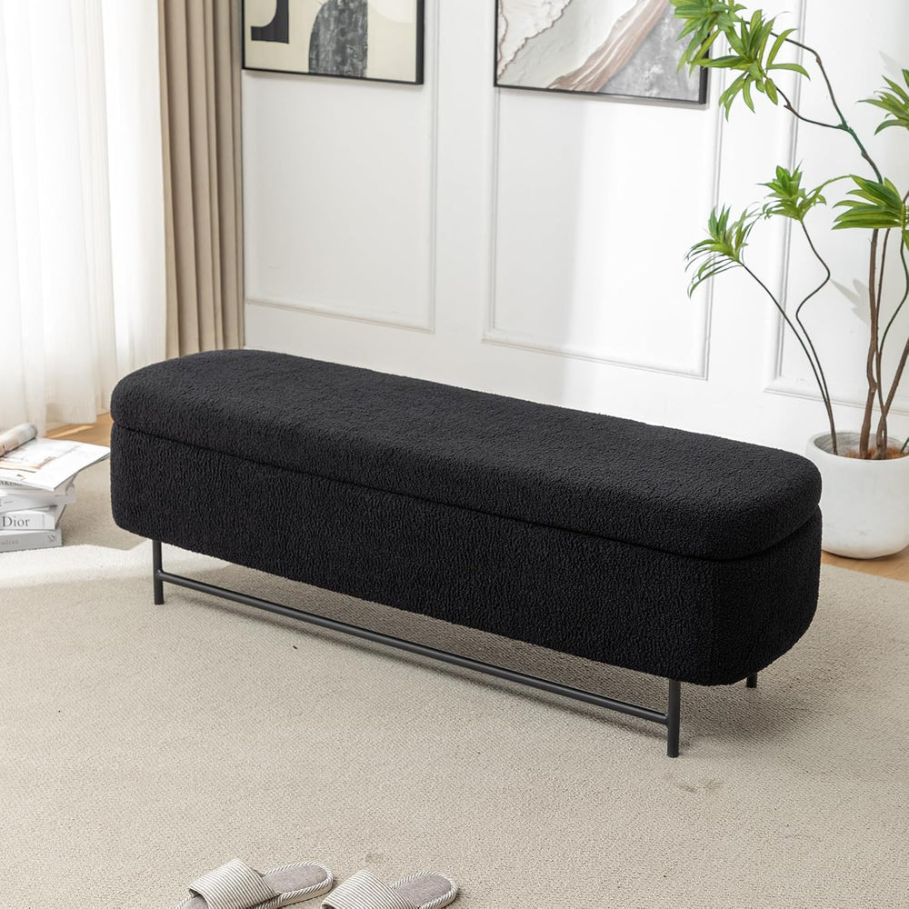 56" Boucle Storage Bench for Bedroom, Upholstered Teddy Ottoman Bench, M...
