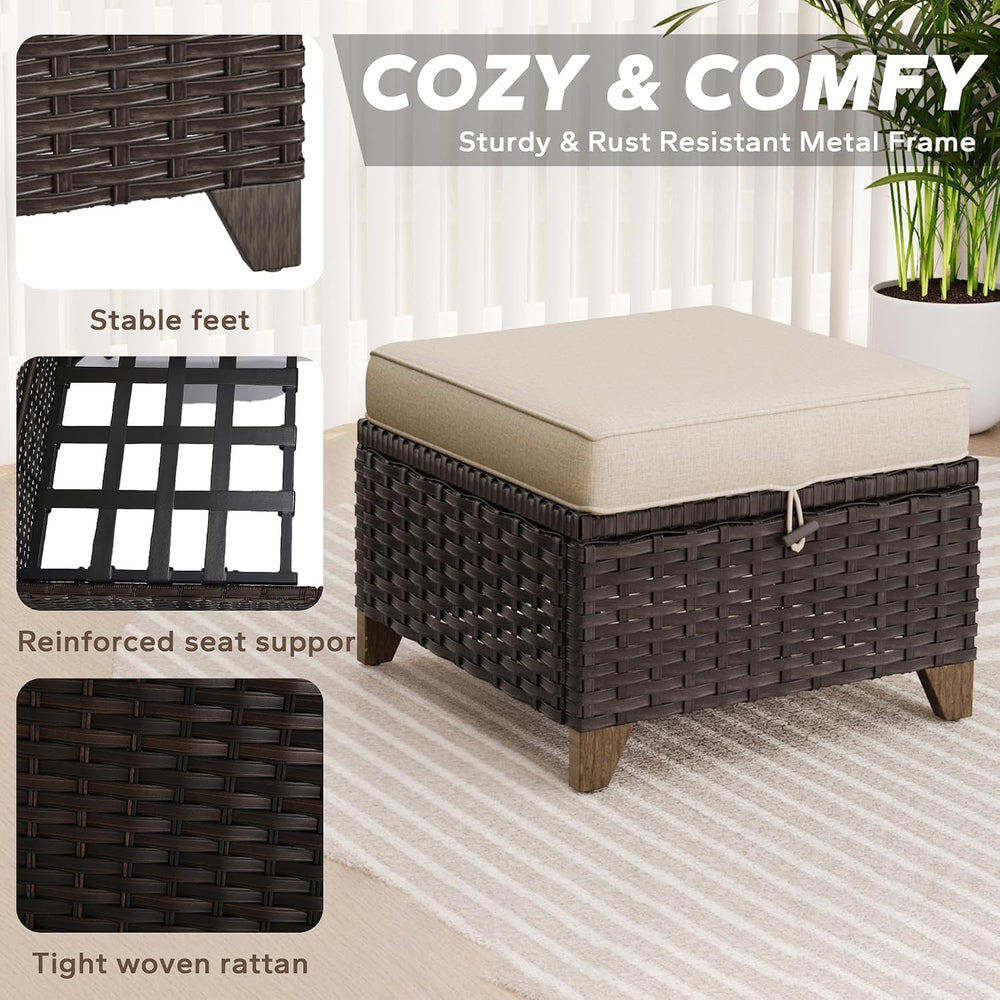 2 Pieces Patio All-Weather Wicker Ottomans with Cushions, PE Rattan Outdoor C...
