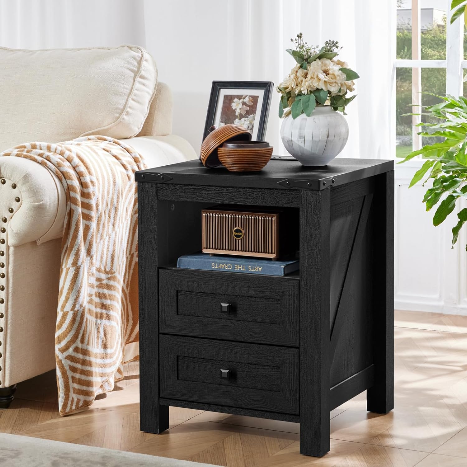 Joaxswe Nightstands Set of 2 with Charging Station and 2 Drawers, Farmhouse | Black Night Stand, Bed Side End Tables, Open Shelf Storage, Bedside Cabinet for Bedroom, Living Room, Closet, Office