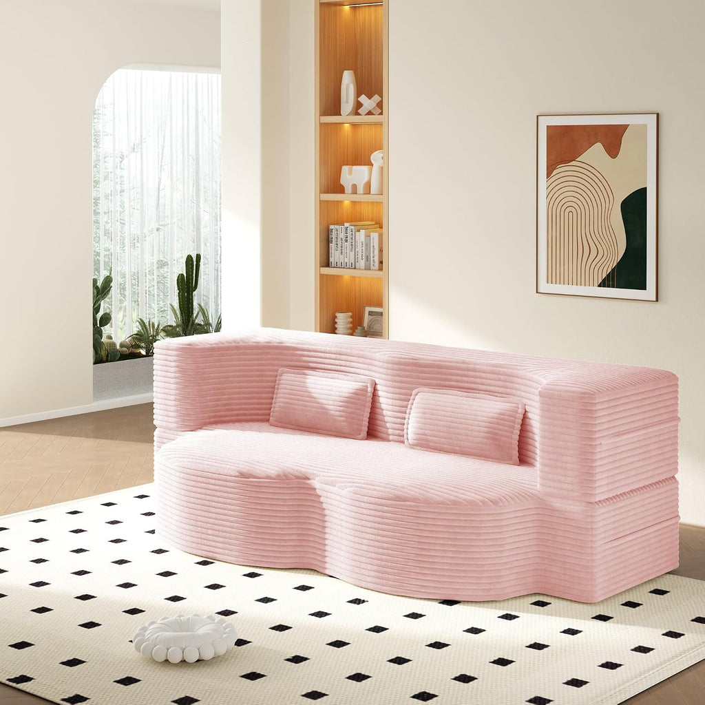 Convertible Folding Sofa Bed, 2-in-1 Full Size Floor Boneless Couch Bed, Corduroy Loveseat sleeper Couch Floor Sofa, Memory Foam Sleeper SofaBed, Small couches for small spaces, No Assembly, Baby Pink