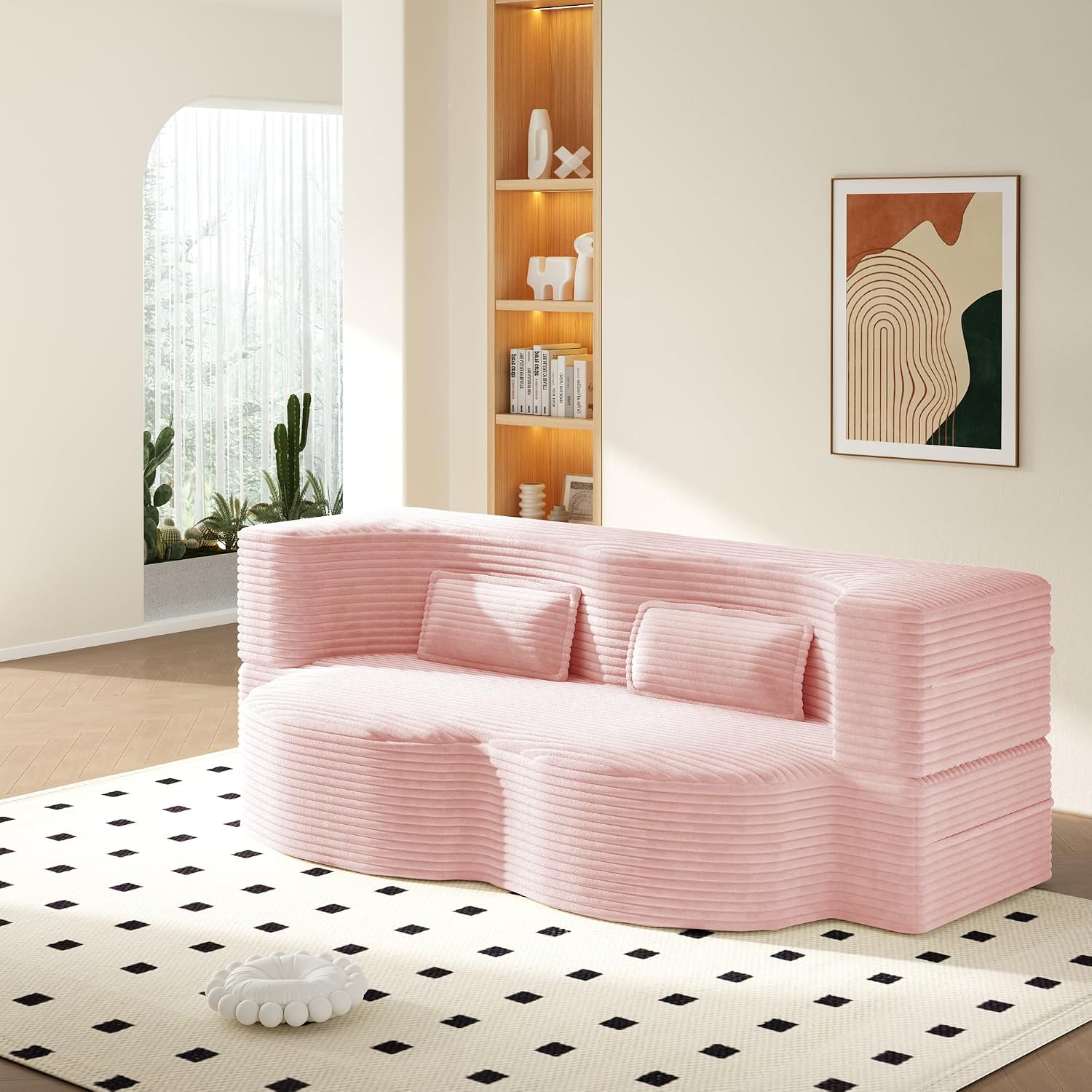 Convertible Folding Sofa Bed, 2-in-1 Full Size Floor Boneless Couch Bed, Corduroy Loveseat sleeper Couch Floor Sofa, Memory Foam Sleeper SofaBed, Small couches for small spaces, No Assembly, Baby Pink
