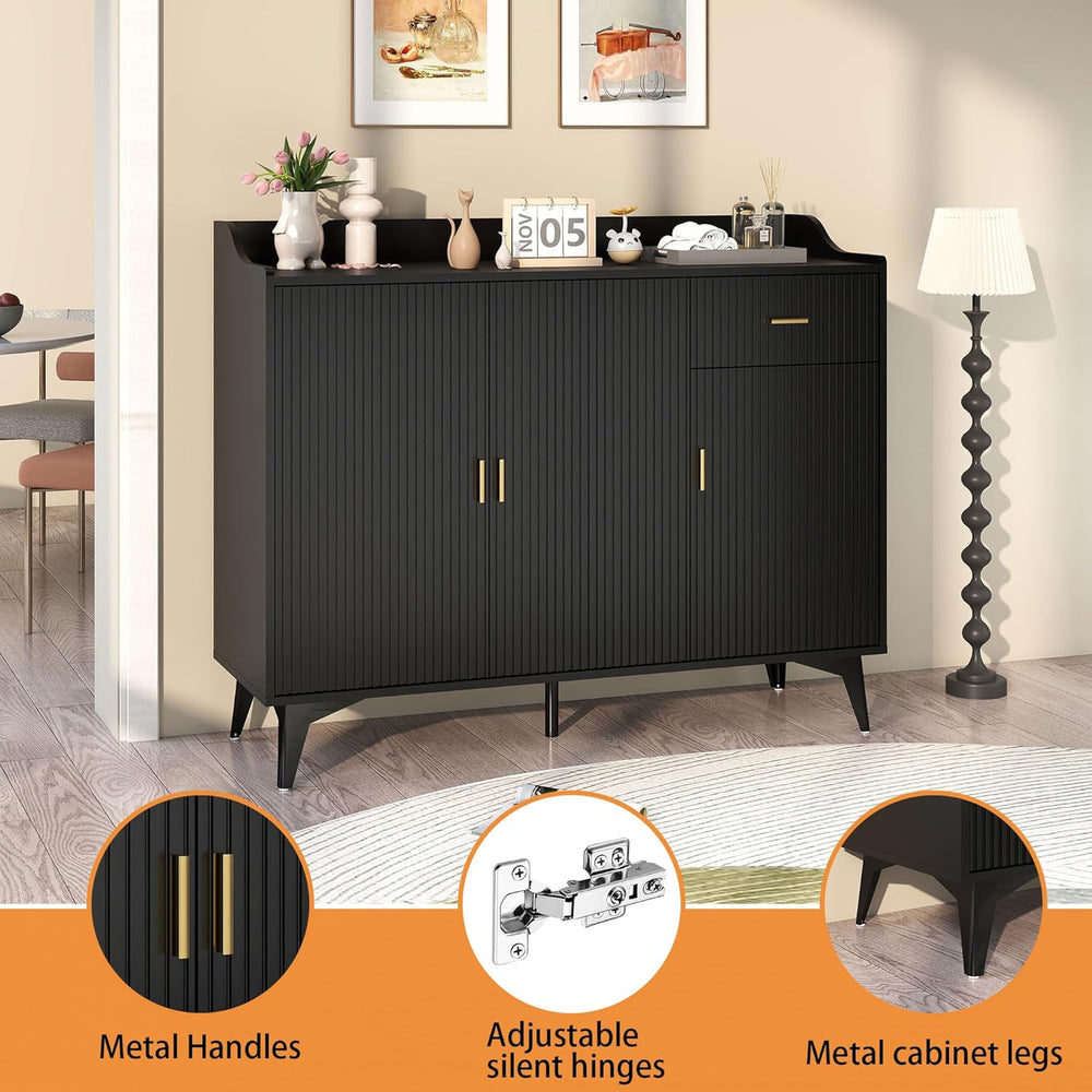 Sideboard Buffet Cabinet with Drawers: 47" Black Fluted Sideboard Cabine...