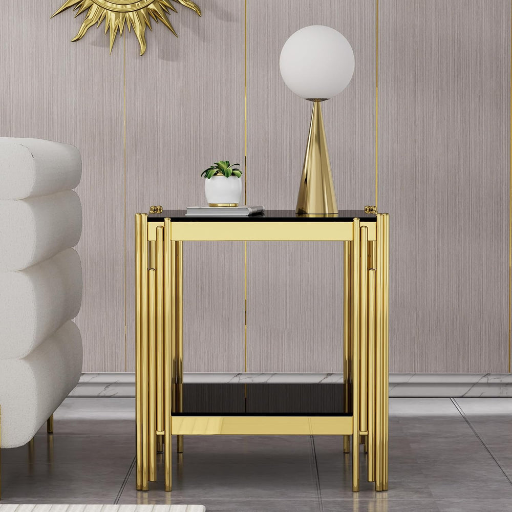 Modern Square End Table Black Glass Sofa Side Table with Gold Stainless Steel...