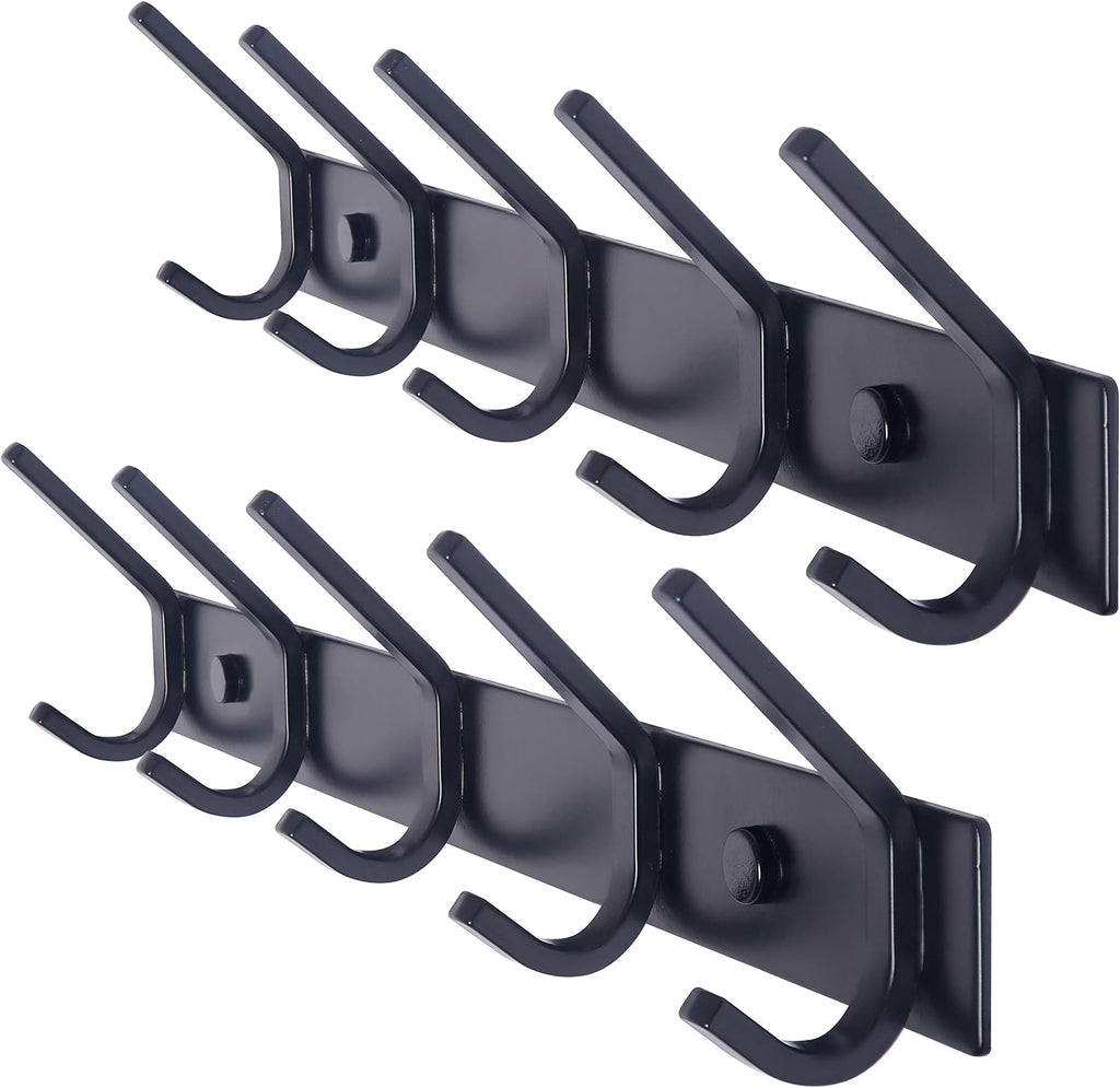 WEBI Coat Rack Wall Mounted,5 Coat Hooks for Hanging Coats,Heavy Duty Metal Double Hook Rack Hook Rail Coat Hanger Wall Mount for Clothes Entryway Jacket,Black,2 Packs