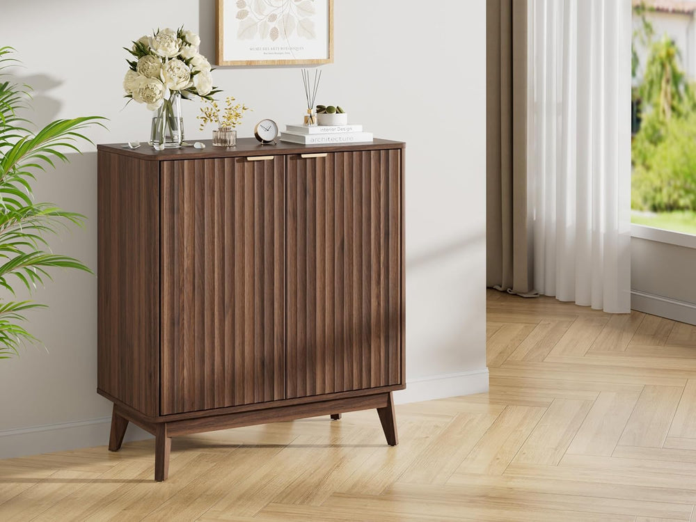 Buffet Cabinet, Small Coffee Bar Cabinet with Storage, Modern Walnut Fluted S...