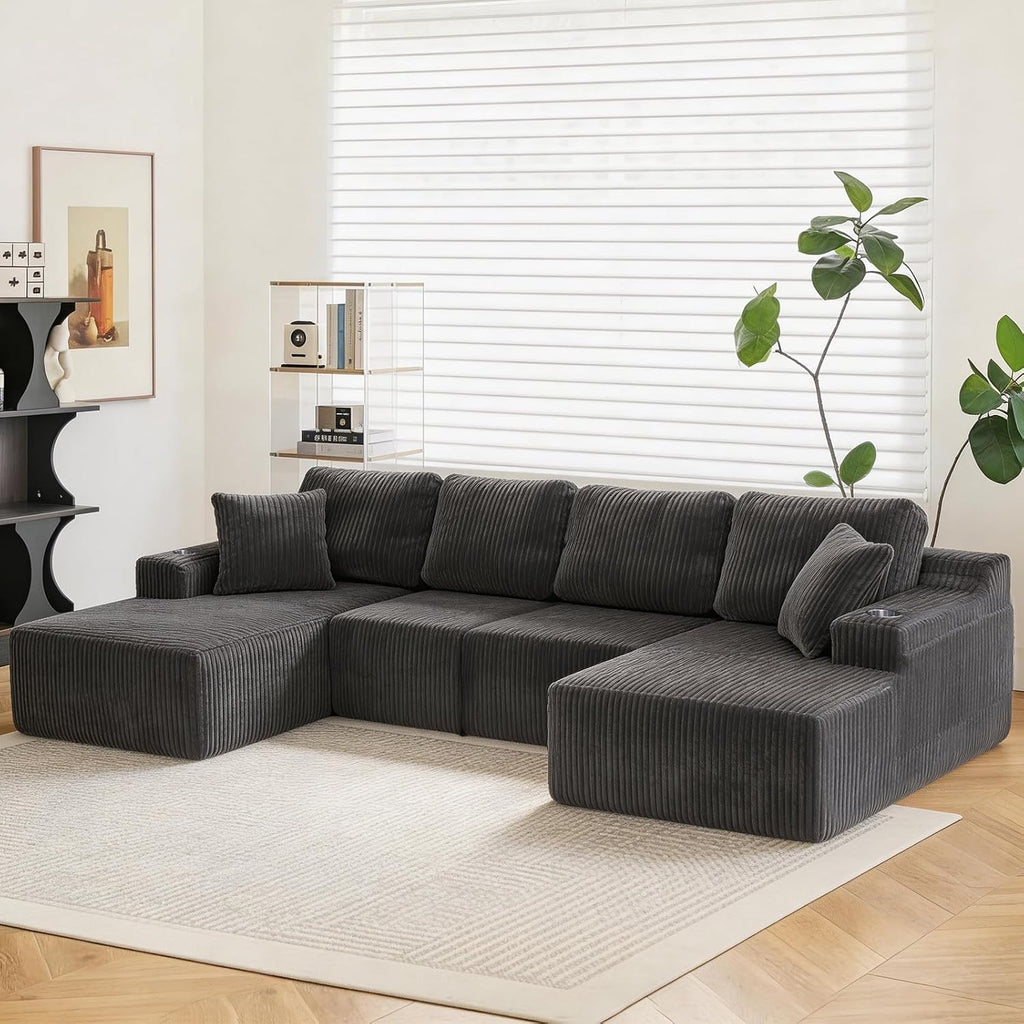 130" U-Shaped Modular Sectional Sofa with Chaise | Boneless Corduroy Flexible Module Seating for Living Room, Cloud Couch with Cup Holders and Side Pockets, No Assembly (Grey)