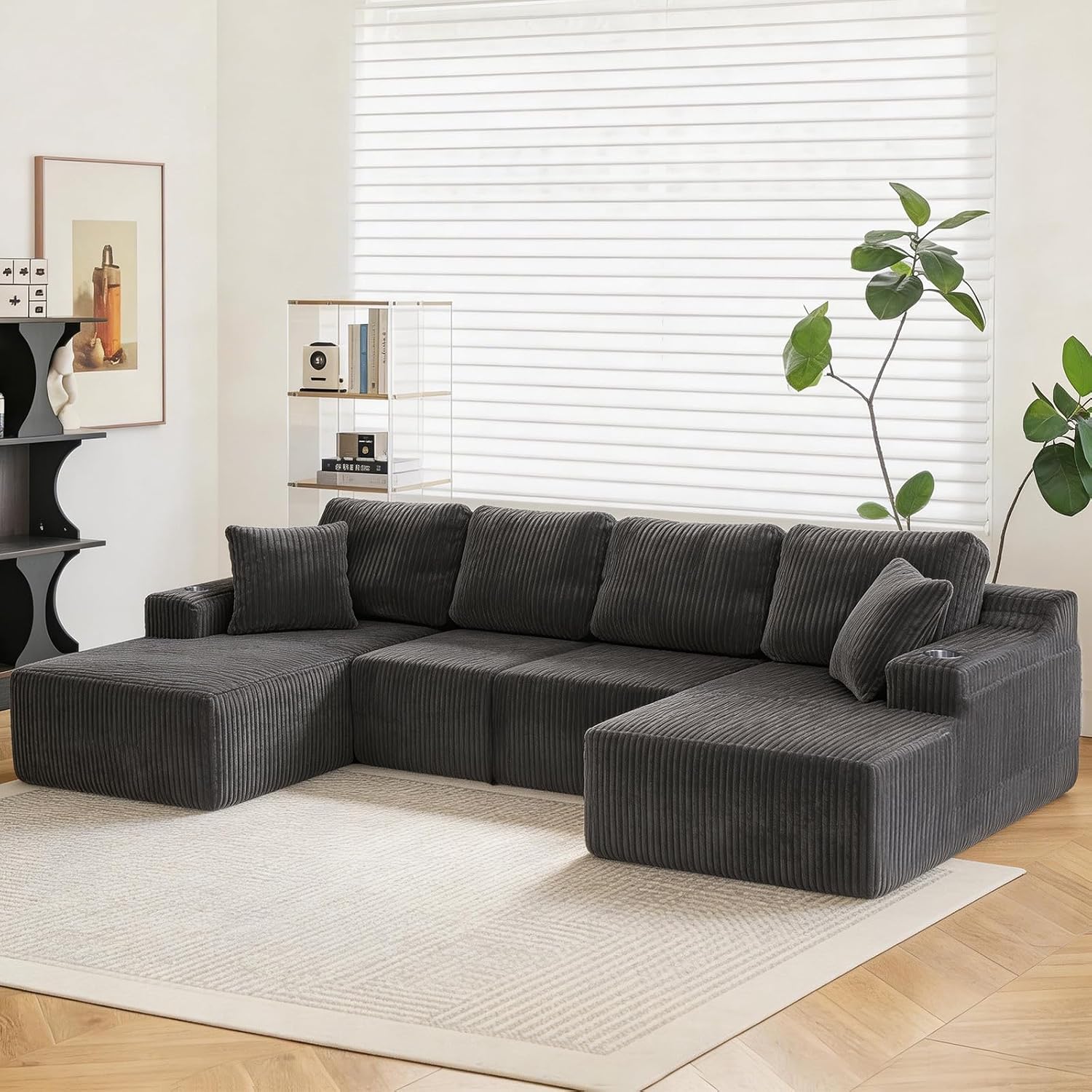 130" U-Shaped Modular Sectional Sofa with Chaise | Boneless Corduroy Flexible Module Seating for Living Room, Cloud Couch with Cup Holders and Side Pockets, No Assembly (Grey)