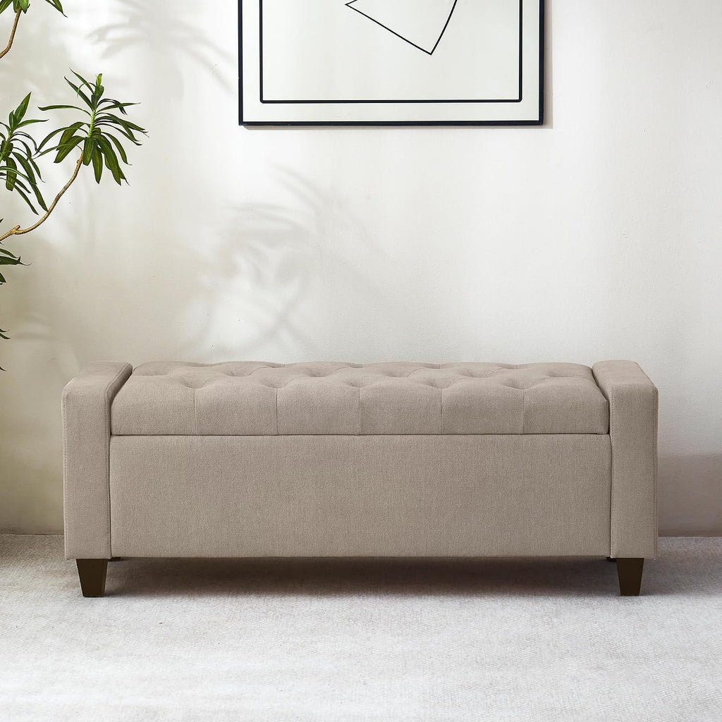 Zihanhome Ottoman with Storage, 48.8" Fabric Storage Ottoman Bench with Hinge, Bedroom Bench, Upholstered Benches with Seating for Living Room, Entryway (Khaki)