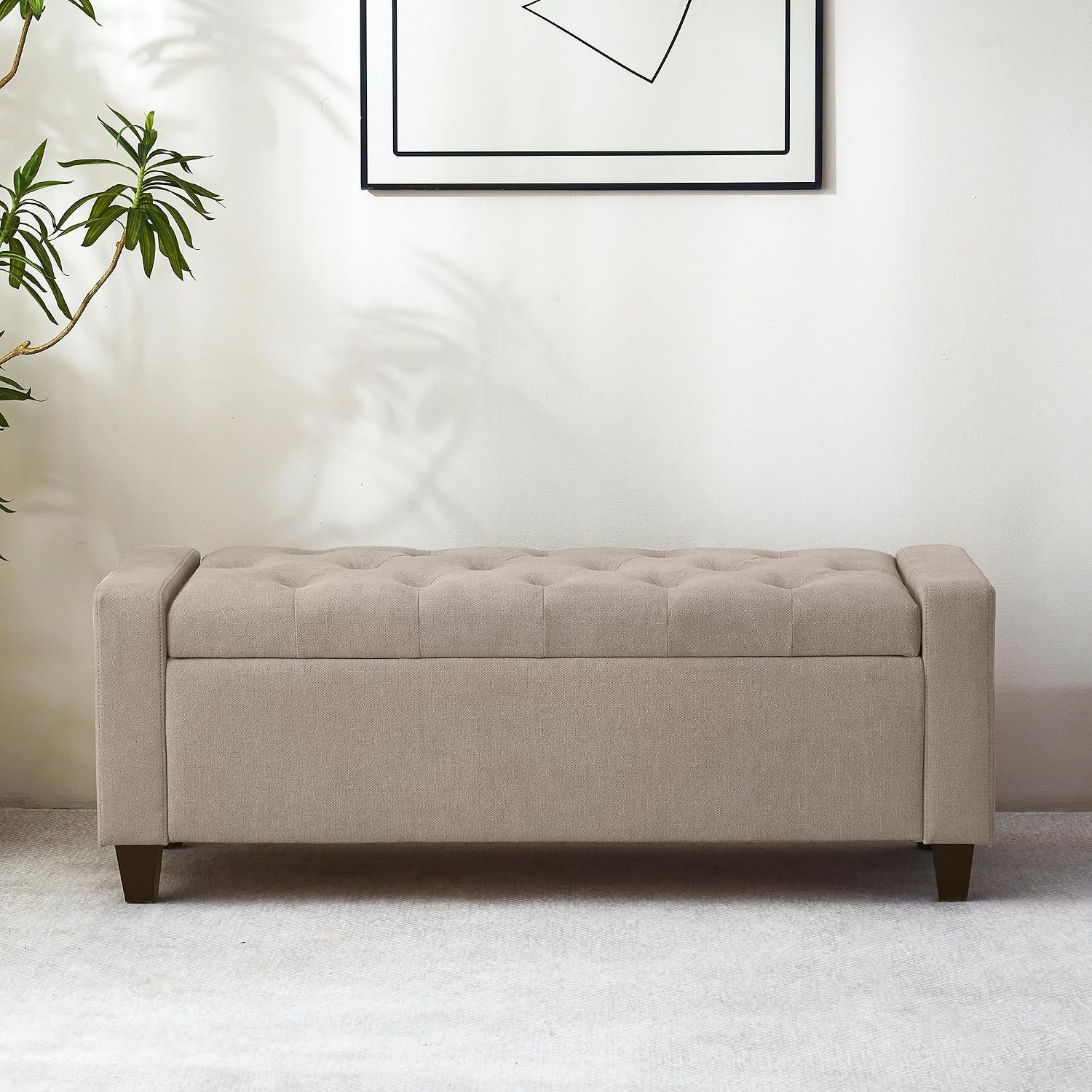 Zihanhome Ottoman with Storage, 48.8" Fabric Storage Ottoman Bench with Hinge, Bedroom Bench, Upholstered Benches with Seating for Living Room, Entryway (Khaki)