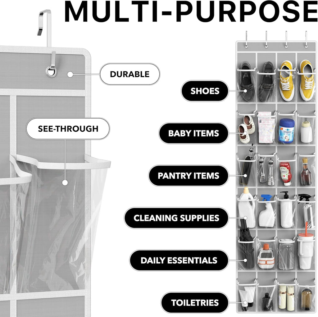Simple Houseware 24 Pockets Clear Over the Door Shoe Organizer, Gray | 64" x 19", 4 Durable Metal Hooks, 4.3" x 9.5" Pocket Size, Multipurpose