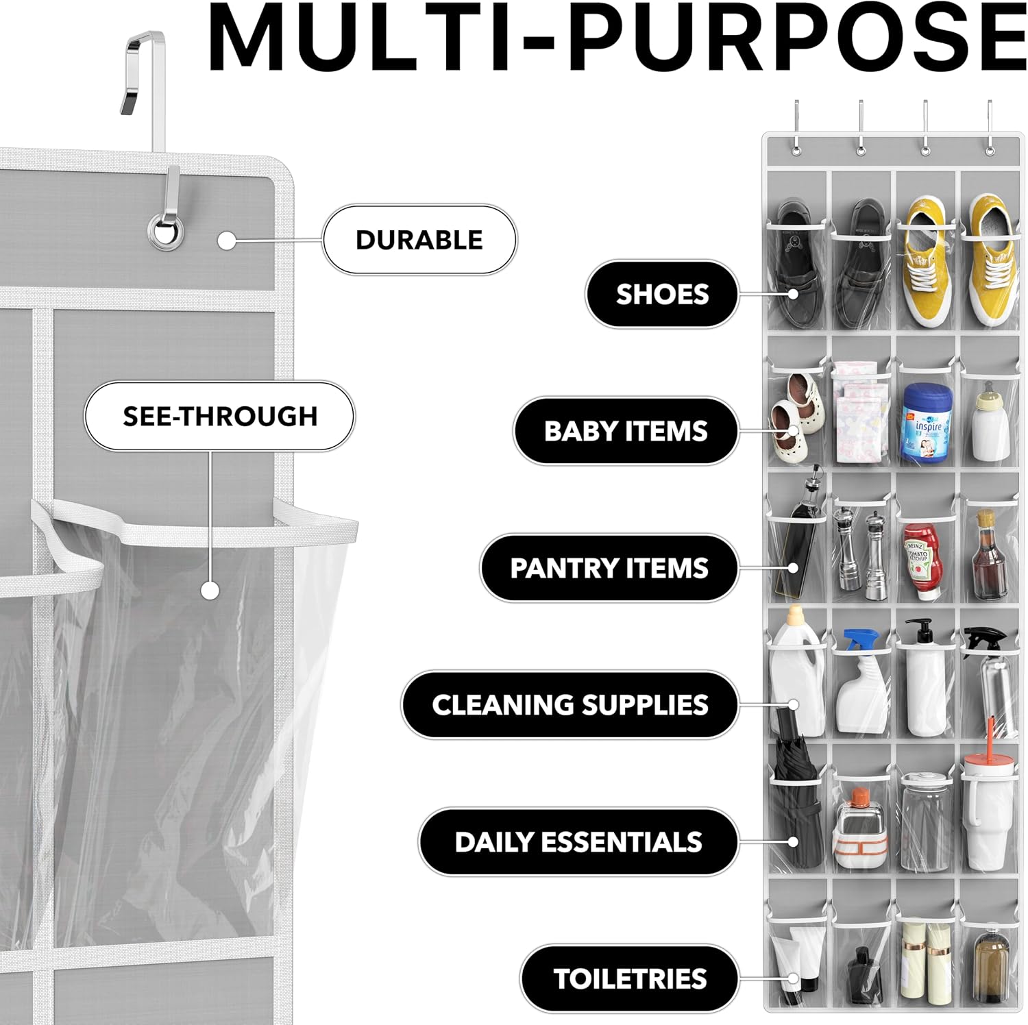 Simple Houseware 24 Pockets Clear Over the Door Shoe Organizer, Gray | 64" x 19", 4 Durable Metal Hooks, 4.3" x 9.5" Pocket Size, Multipurpose