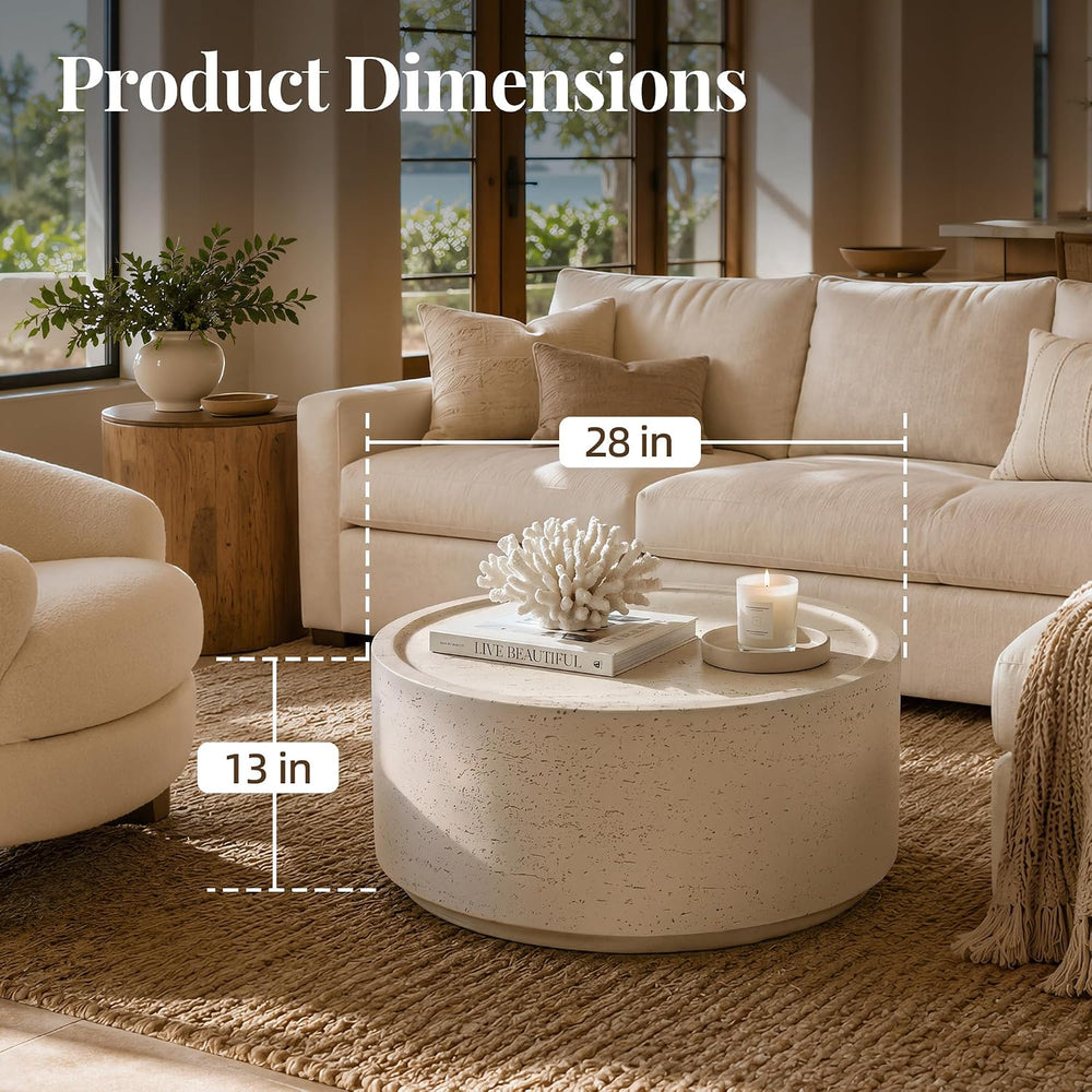 Patio Watcher 28" Round Coffee Table, Travertine Look, Off-White