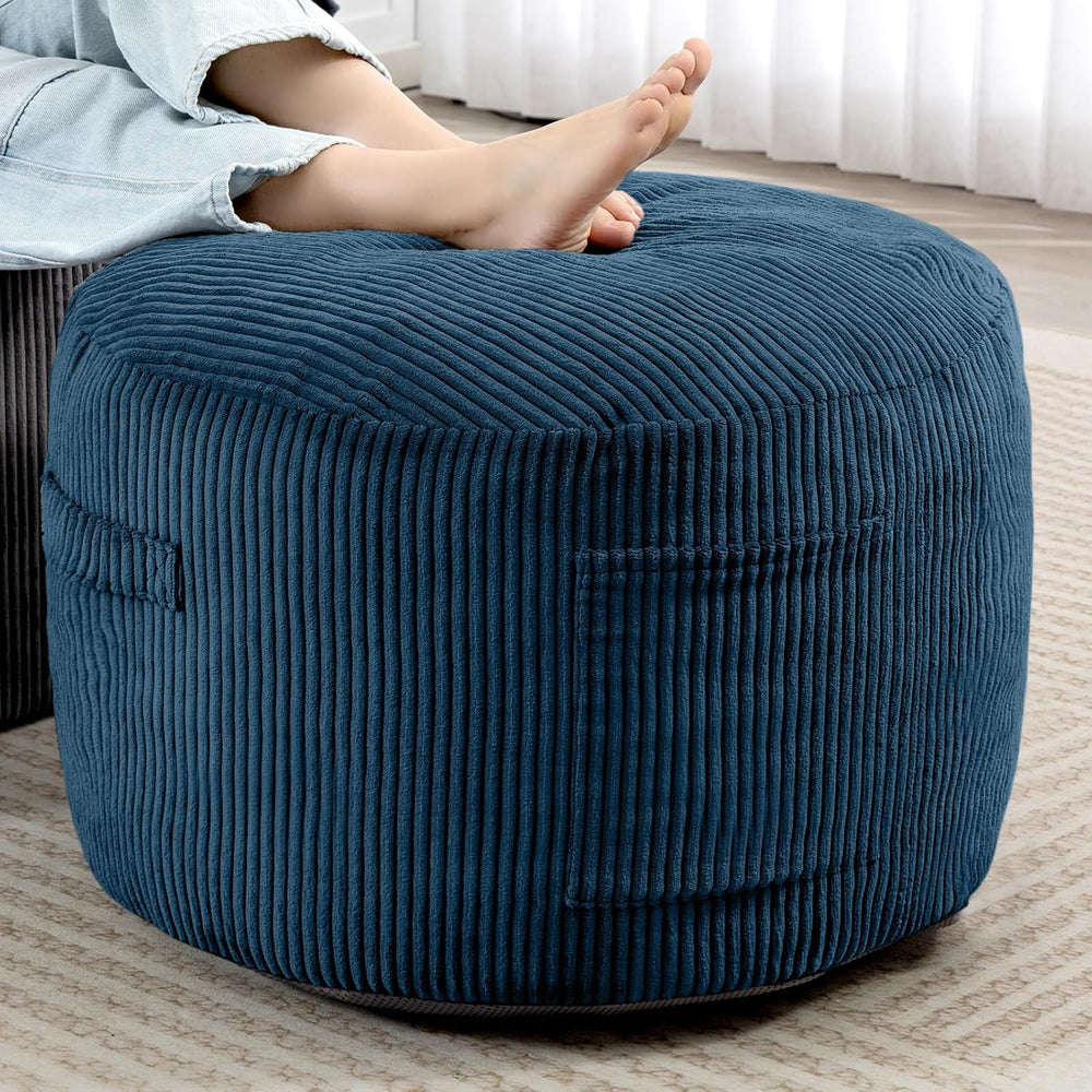 Round Stuffed Pouf Ottoman (Blue, 26" D x 26" W x 18" H)