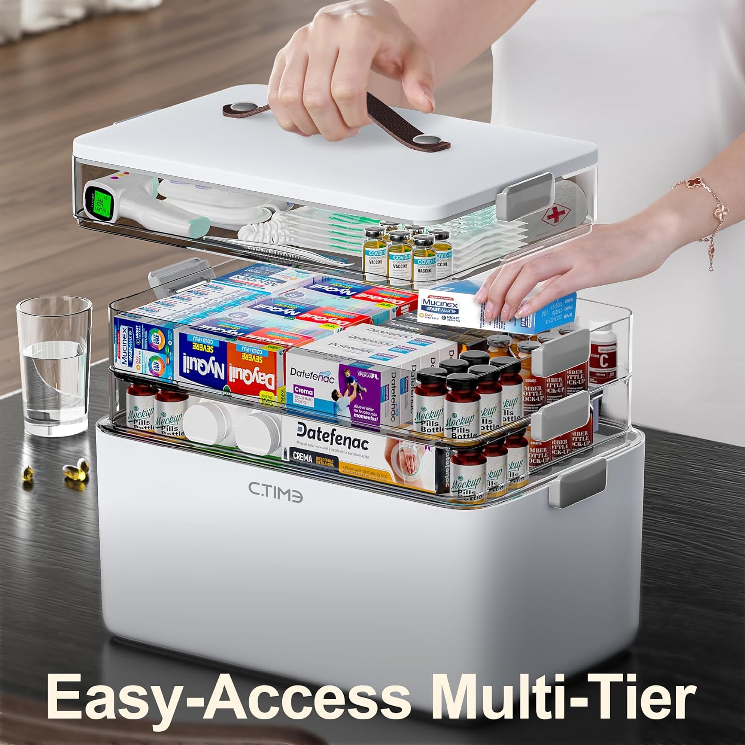 CTIME 4-Tier XL Medicine Organizer - Portable Medicine Cabinet with Leather Handle, Empty First Aid Kit for Home, School, Dormitory, Travel, RV, Dorm | Ideal Elderly Gift, Christmas Stocking Gift