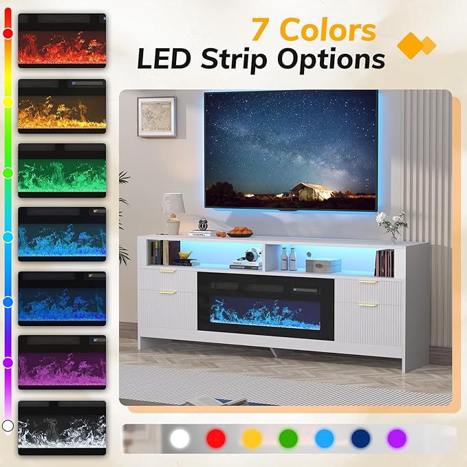 70” Fireplace TV Stand with 36” Electric Fireplace, Electric Fireplace TV Stand for Living Room with LED Lights, Modern TV Console Cabinet & Media Entertainment Center with Fireplace (White)
