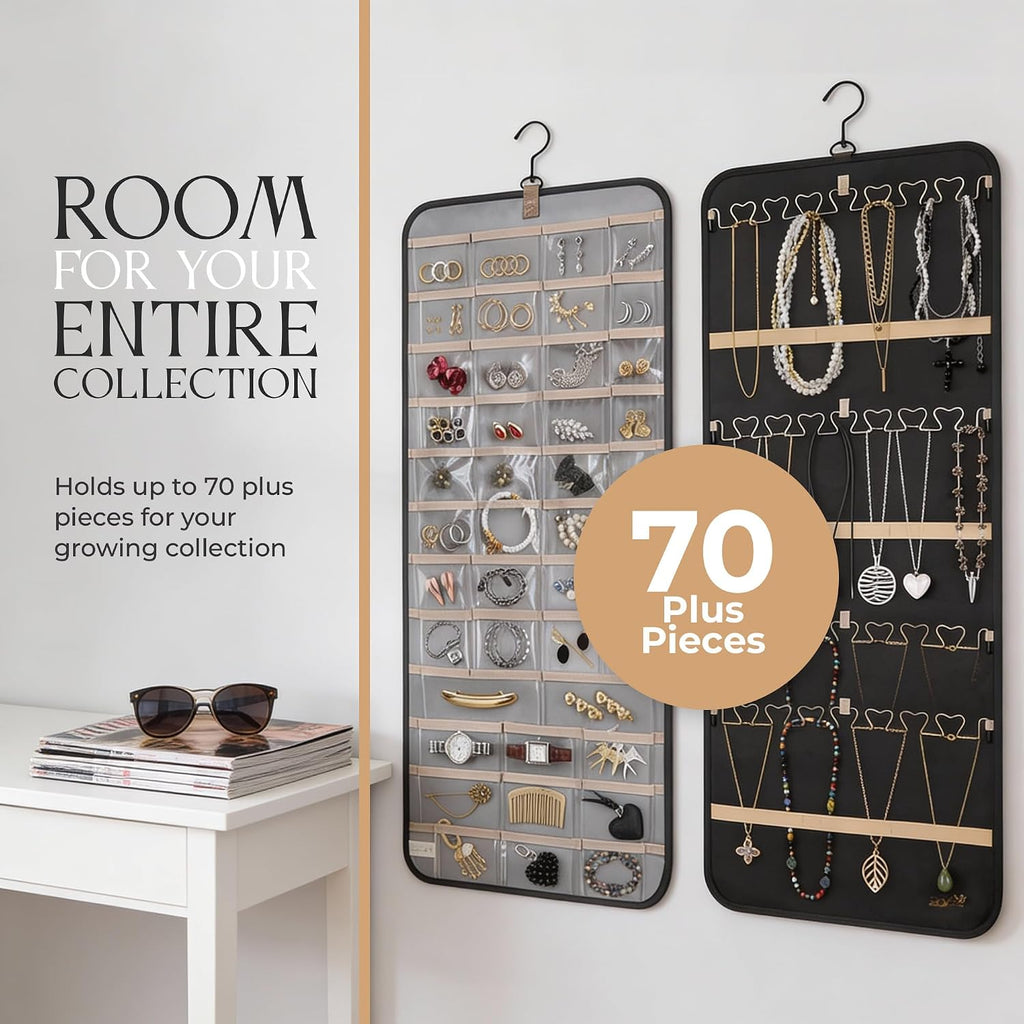 Hanging Jewelry Organizer Storage with Hanger Metal Hooks Double-Sided Jewelry Holder- Wall Mount Holder for Earrings, Necklaces, Rings on Closet, Wall, Door, 1 piece, Large, Black