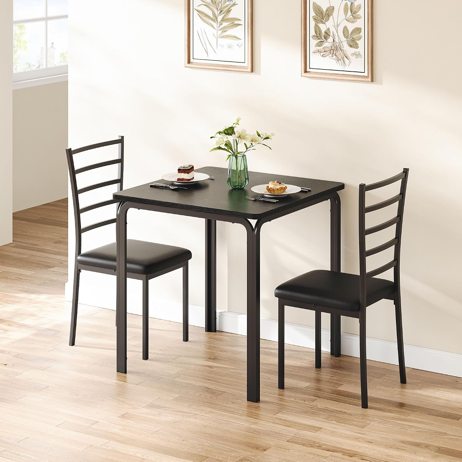 GarveeHome 3-Piece Kitchen Dining Room Table Chair Set for Small Space, Indoor Modern Dinette Set for 2, Square Dinner Table Set for Dinette (Black, Dining Table with 2 Chairs)