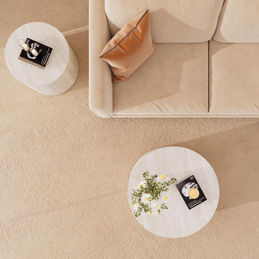 Modern Nesting Coffee Table Set of 2, Round Travertine End Side Tables | Cont...
