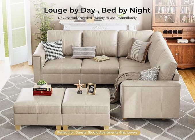 SITJOY 118" Faux Leather Modular Sectional Sofa with Storage, Mid Century Modern Sectional Couches for Living Room, Soft Padded Armrests, 7 Seat L Shaped Couch with Ottoman, Greige