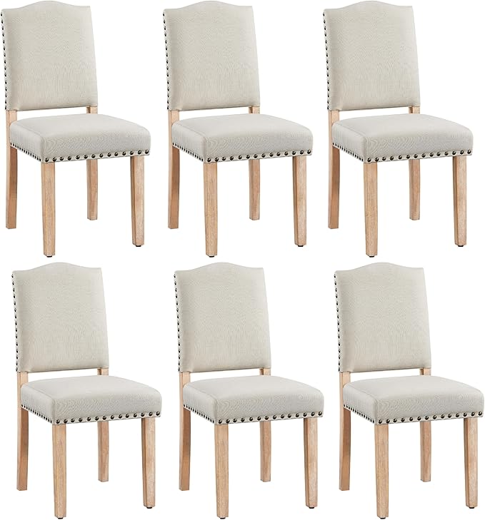 Yaheetech Upholstered Dining Chairs Set of 6 Classic Fabric Kitchen Chairs with Nailhead Trim and Wooden Legs for Dining Room/Living Room/Restaurant/Apartment, Beige