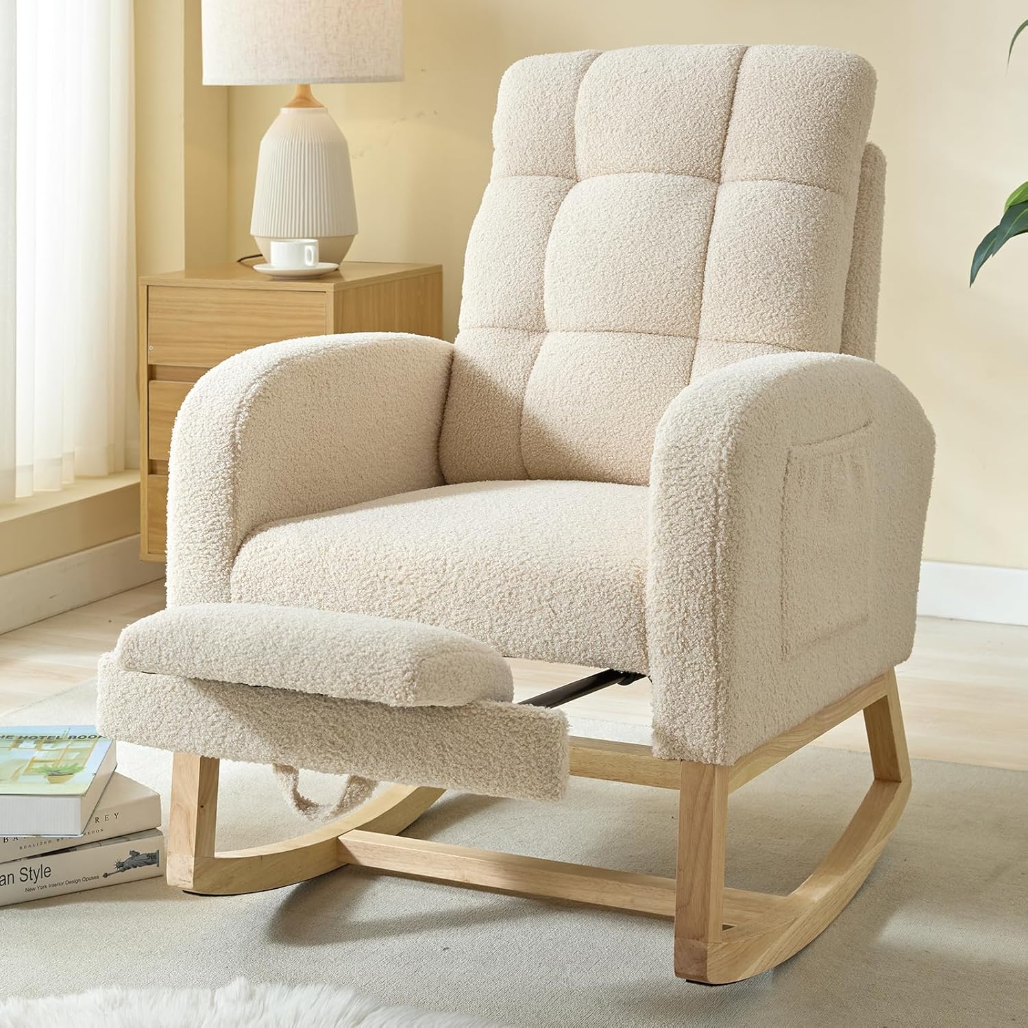 NIOIIKIT Modern Nursery Rocking Chair, Teddy Upholstered Rocking Chair with Footrest, Comfortable Rocker Recliner with Side Pocket, Rocker Glider for Living Room, Bedroom, Nursing Room (Beige)