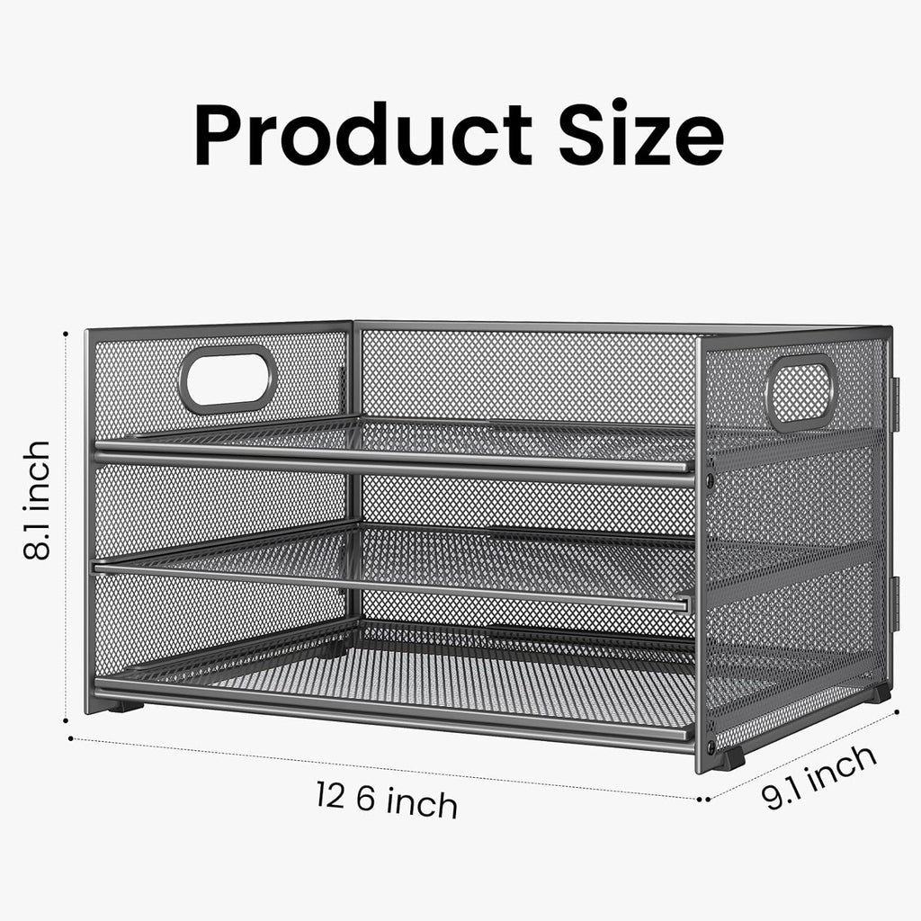 Subekyu 3 Tier Paper Letter Tray Organizer for Desk, Gray Metal Mesh Desk File Folder Sorter Organizer with Handle and Sliding Tray for Home, Office, School Supplies Organization Storage