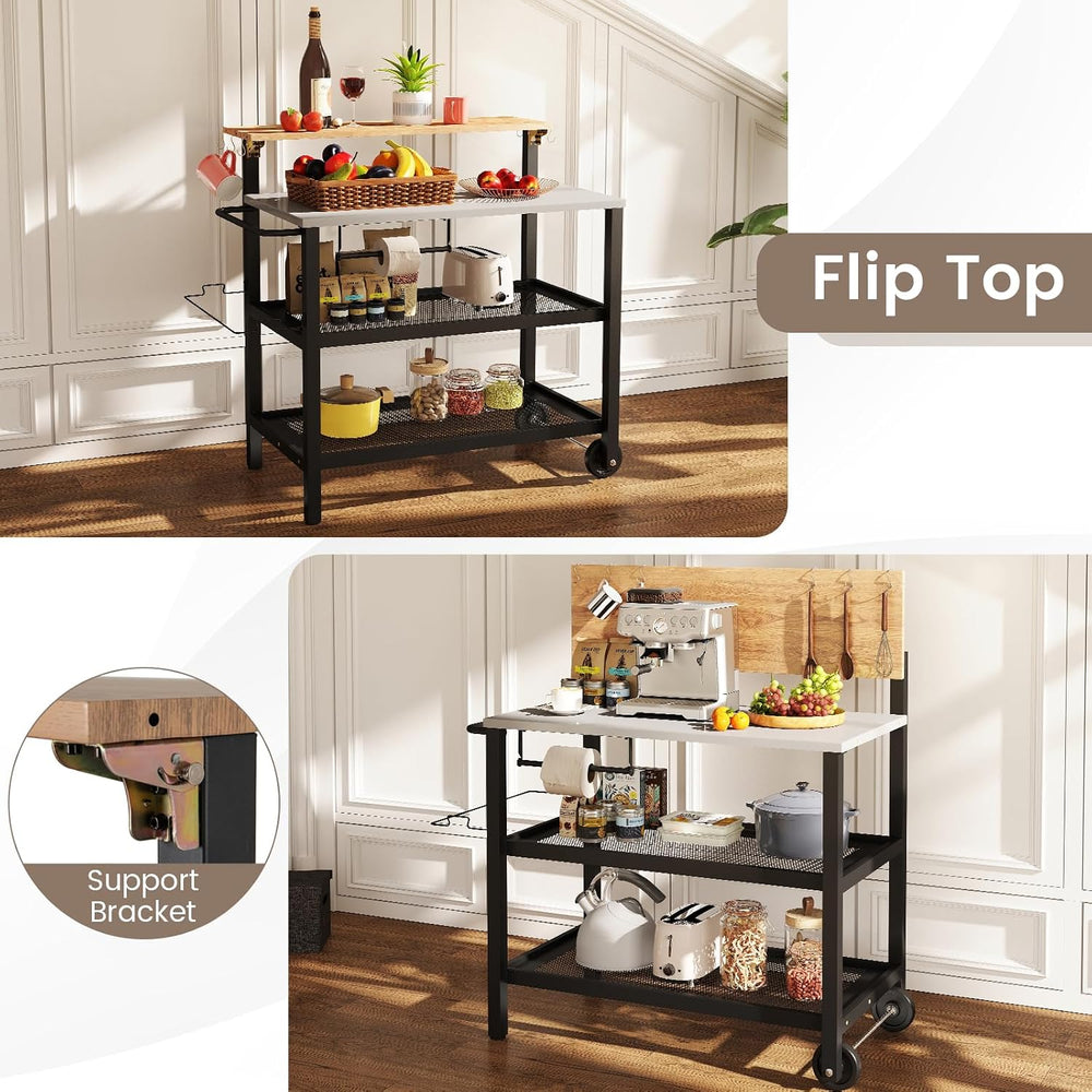 GOFLAME Outdoor Patio Cart Table, Kitchen Shelf on Wheels with Flip Top, Tras...