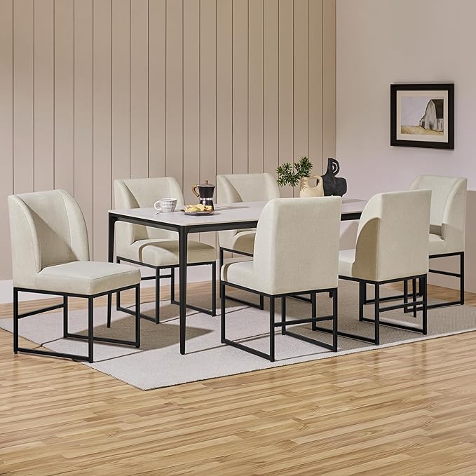 Yaheetech Upholstered Dining Chairs Set of 6 Modern Kitchen Chairs with Mid Back Padded Seat and Metal Legs for Dining Room, Living Room, Restaurant, Armless Design, Beige