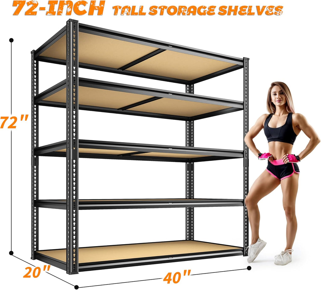 2300LBS Storage Shelves Heavy Duty 5 Tier Garage Storage Shelving, Adjustable Metal Shelving Unit Utility Rack Shelf for Warehouse, Pantry, Closet, 72" H x 40" W x 20" D, Black,2PCS